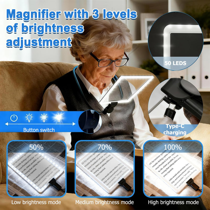 Large Hands-Free Magnifying Glass with 50 Ultra-Bright LED Light, Lightweight Lighted Neck Page Magnifier for Reading Books, Sewing, Knitting, Cross Stitch & Crafts for Close Work for Seniors