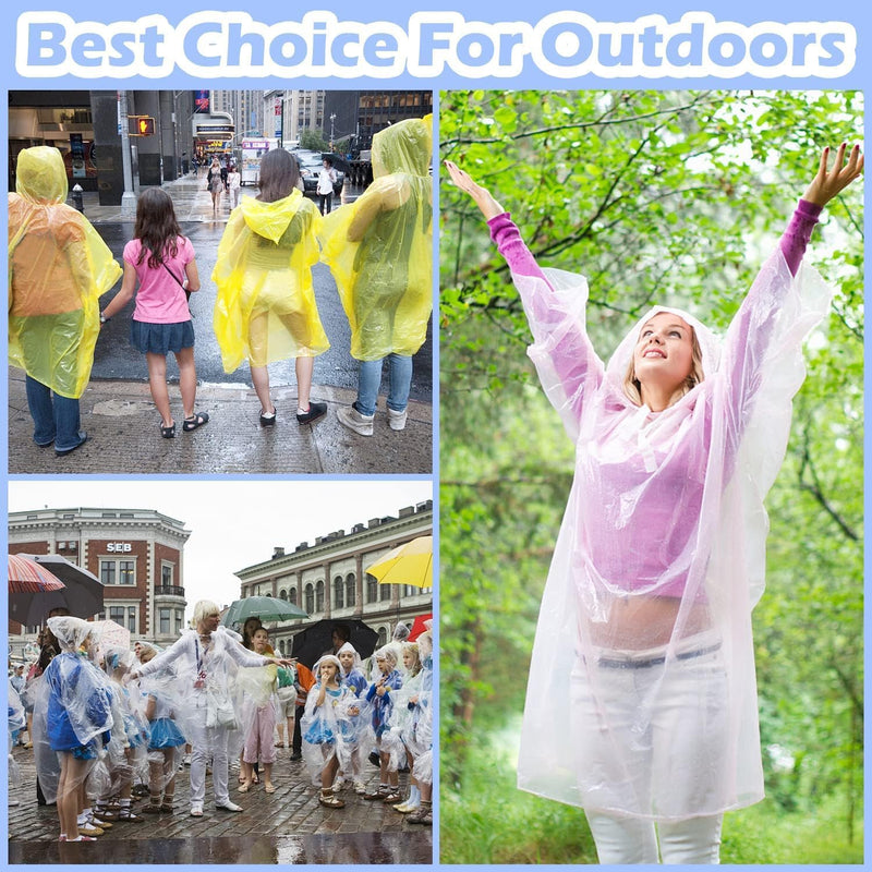 Ponchos Family Pack, Disposable Rain Poncho with Drawstring Hood for Adults and Kids (10 Packs 5 Colors) 6 Adult Colorful+4 Kids Colorful