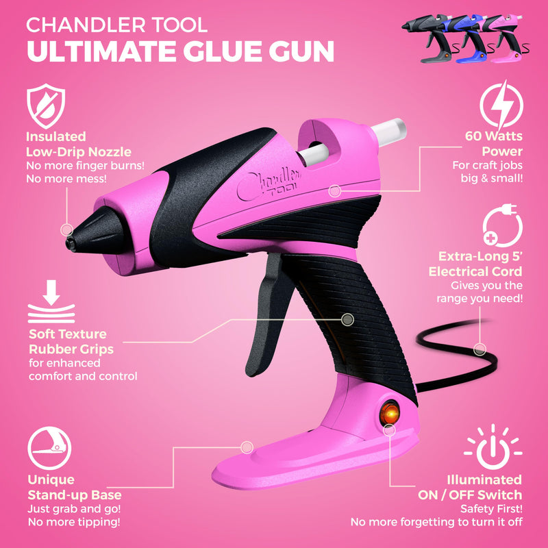 Full Size Hot Glue Gun Kit for Construction, DIY & Crafts, Chandler Tool 60W High Temp Large Glue Gun with Stand-Up base & 12 Glue Sticks, Perfect for Home Repair, Arts & Crafts, (Pink/Black) Pink/Black