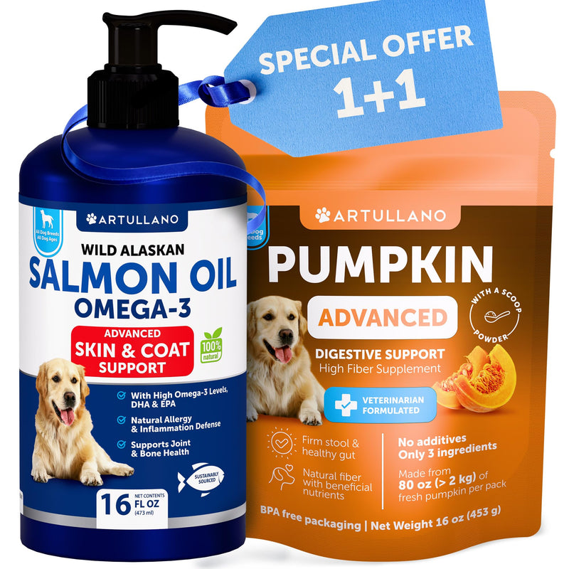 Pumpkin Powder for Dogs + Salmon Oil Bundle - Fiber Supplement for Digestion, Gut Balance & Firm Stool - Omega 3 with EPA & DHA for Skin, Coat, Joint & Allergy Support