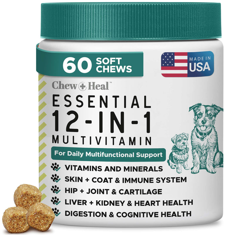Dog Multivitamin Chewable - Chew + Heal 12-in-1, 60 Ct, Puppy, Senior Dog Vitamins & Supplements for Hip & Joint, Skin, Coat, Immune Support with Glucosamine, Omega 3,6,9, Probiotics, Chicken Flavor 60 Count