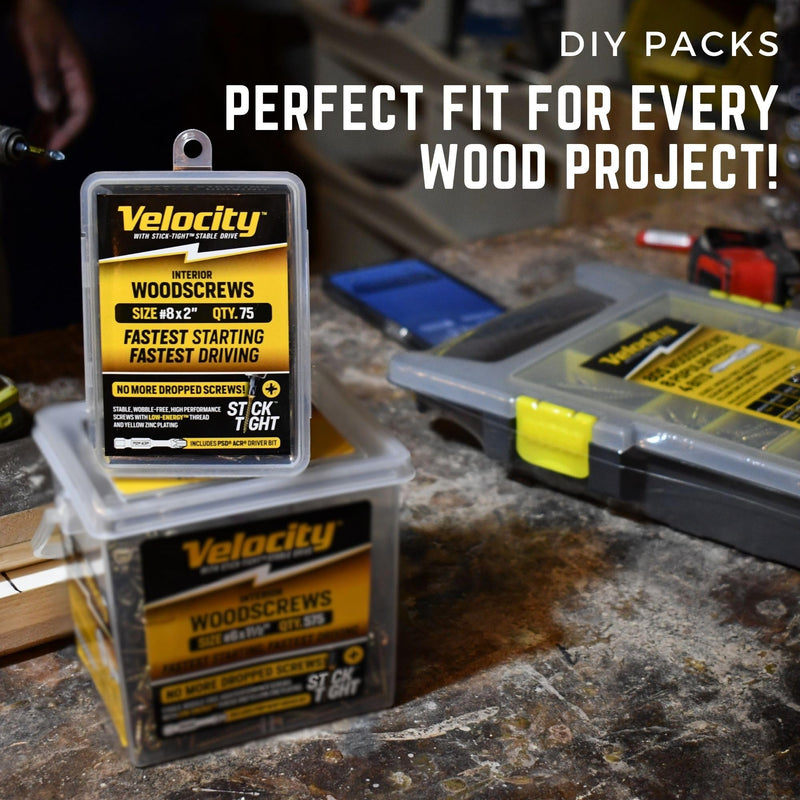 Velocity Interior 2 Inch Wood Screws DIY Pack (Size #8, 75 Pcs) – Zinc and Yellow Coating, Stick-Tight Technology, Screw for Wood Working with PSD ACR Driver Bit #8 x 2" Small Pack