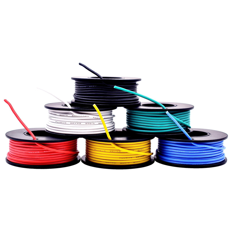 22 AWG Stranded Wire Kit – Silicone Coated Copper Wires 22 Gauge Pre-Tinned 23ft/7m Each Spool, 6 Colors (Black, Red, Yellow, Green, Blue, White), Electrical Jumper Wire Hook Up Wire Kit from Plusivo 6 colors each 23ft/7m