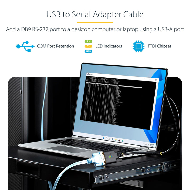 StarTech 3ft USB to Serial Adapter Cable, FTDI (1P3FFCB-USB-SERIAL) | USB-A to DB9 RS232, Interchangeable DB9 Screws Nuts, COM Retention, LED Indicators 3.3ft