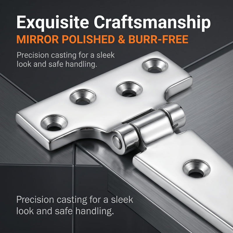 6" Heavy Duty T Hinges, 316 Stainless Steel Strap Hinges for Boat, Barn Door & Wooden Gate, Rustproof Polished Tee Hinge with Extra-Long 1.38" Screws (0.17" Thick), 2 Pack