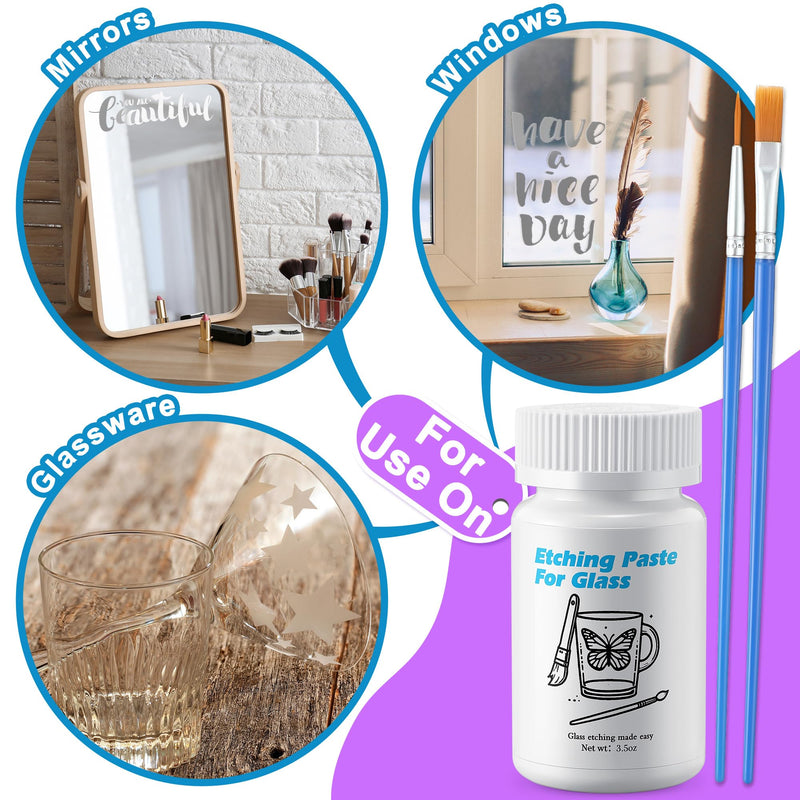 3.5 OZ Glass Etch Starter Cream Kit for Intricate Designs,Etching Art Cream Etching Paste DIY Art Craft Supplies Create Permanently Stunning Etched Designs for Mirrors Windows Glass 3.5 OZ