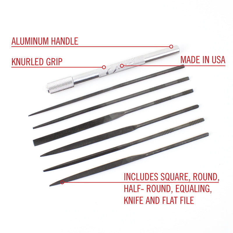 Excel Blades Hardened Alloy Strength Steel - Mini Needle File Set Includes Flat, Flat Warding, Square, Triangular, Round, and Half-Round File With American Made Aluminum Handle File Set w/ Handle