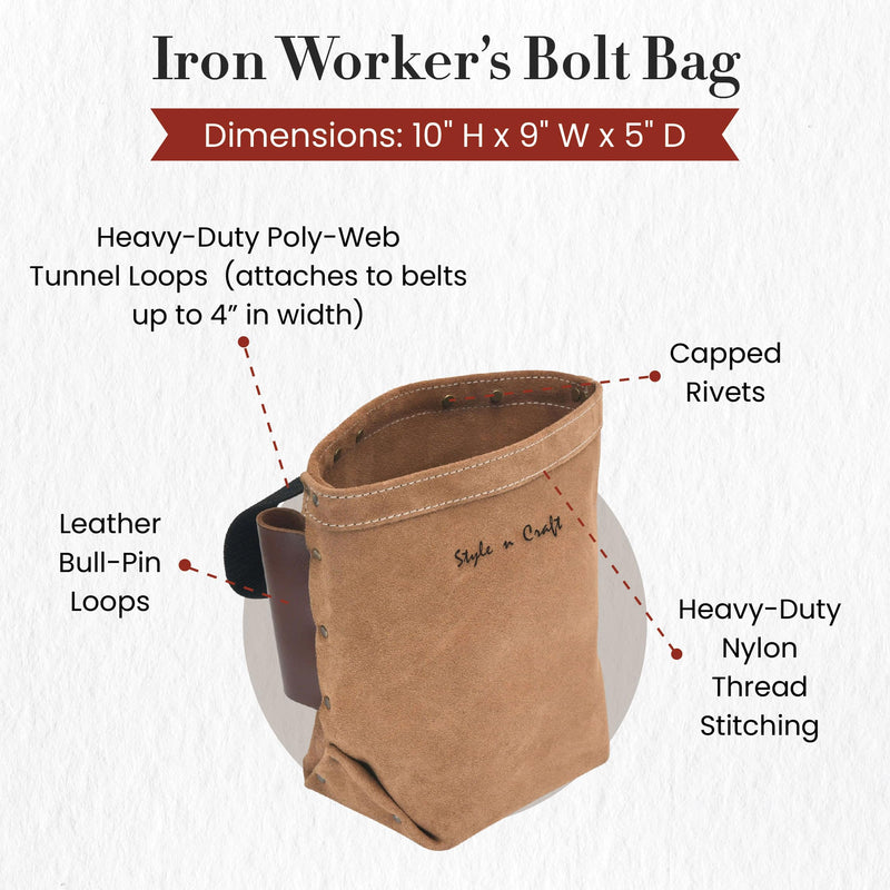 Style n Craft Iron Worker’s Bolt Bag with Double Bull Pin Leather Loops, Heavy-Duty Suede Leather Tool Bag, Dark Tan (88515)