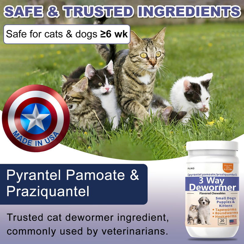 FLIKO 3-Way Dewormer for Dogs, Puppies, Cats & Kittens, Puppy Dewormer for Tapeworms, Roundworms & Hookworms, Pyrantel Pamoate & Praziquantel, 20 Chews