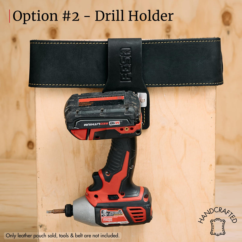 FESA Leather Tape Measure Holder - Top Grain Leather Measuring Tape Holder or Drill Holder for Tool Belt w/Steel Clip & Reinforced Heavy Duty Rivets - Fits Belts up to 3" - Handcrafted Black