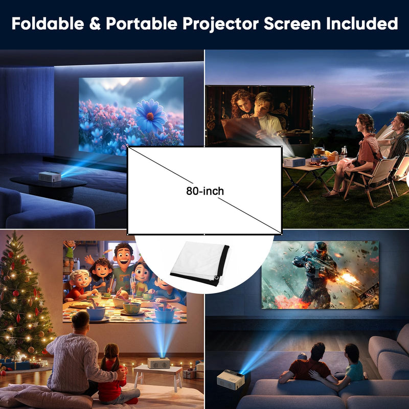 TMY 1080P Full HD Portable Mini Projector, Upgraded Bluetooth Movie Projector with Screen, Compatible with TV Stick Smartphone/HDMI/USB, Indoor & Outdoor Use no Apps