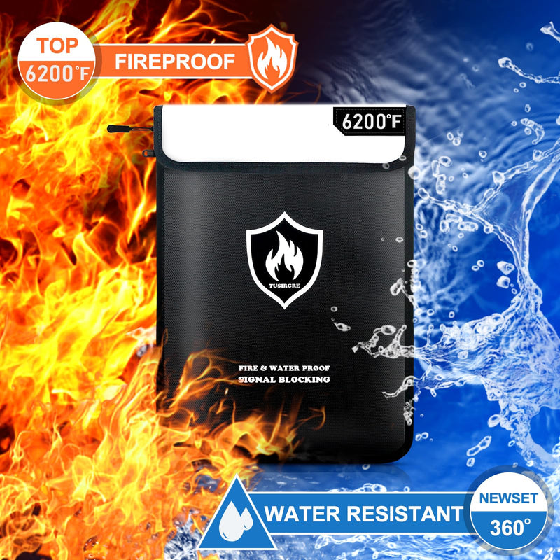 6200°F Upgraded Fireproof Document Bag, 15.7" x 11.4" Faraday Bag, Water Resistant Fireproof Money Bag with Zipper, 18 Layers of Heat Insulated Materials, RFID Blocking Bag, Anti-Theft Anti-Tracking Black Large