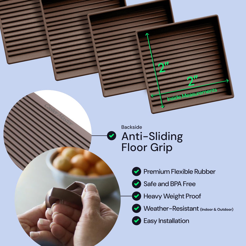CasterMaster Non-Slip Furniture Pads Square Rubber Anti-Skid Caster Cups, Leg Coasters - Anti-Sliding Floor Protectors for Furniture (Brown, 2'' x 2'' - 4 Pack) Brown - NewNest Australia