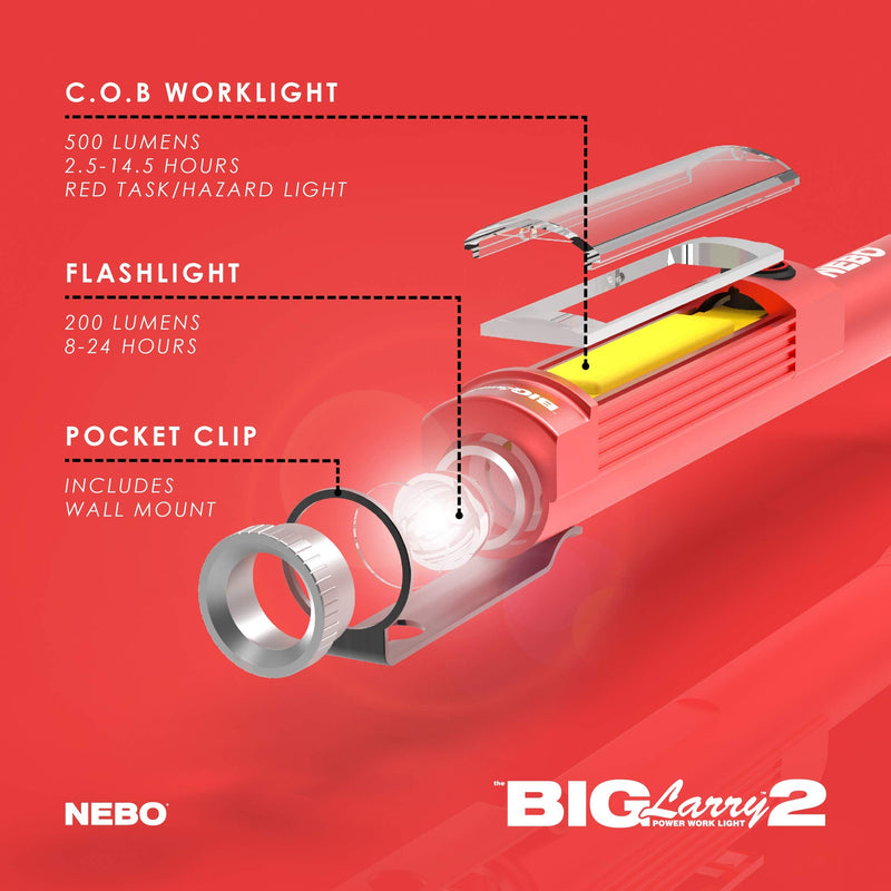 NEBO Big Larry 2 Work Light | 500 Lumens, 4 Light Modes, Magnetic LED Flashlight & Portable COB Task Lamp, Battery Powered, Pocket Clip, Water Resistant, Includes 3x AA Batteries — Red