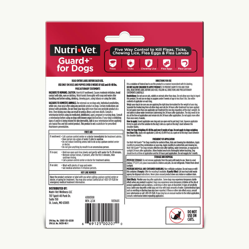 Nutri-Vet Guard+ for Dogs, Flea and Tick Prevention Spot On Drops, Topical Treatment for Dogs 45-88 lbs, Puppy Essentials, Waterproof Formula, 3 Monthly Doses, 90 Days of Protection Large