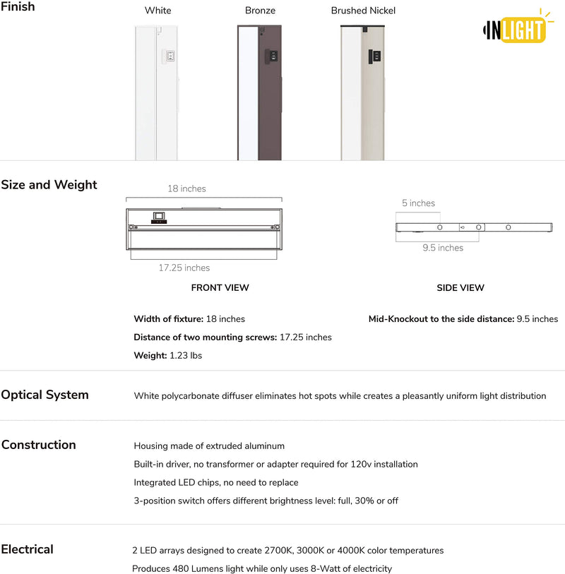 GETINLIGHT 18-inch LED Under Cabinet Lighting, Hardwired or Plugged-in, Warm White (2700K), Soft White (3000K), Bright White (4000K), Dimmable, White Finished, IN-0210-2