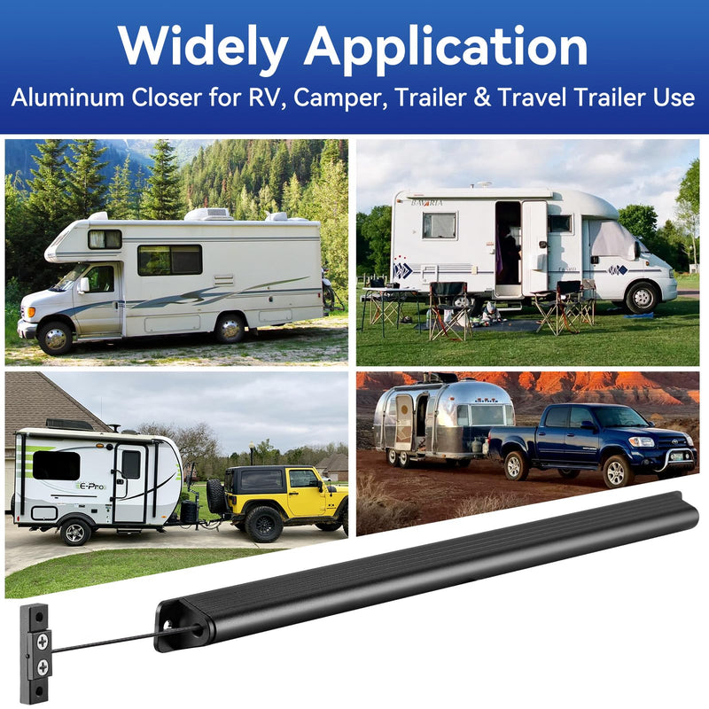 RV Screen Door Closer with Adjustable Tension, Aluminum RV Door Closer Kit, Built-in Spring Automatic Closing Device, Works with Most Camper Travel Trailer Window