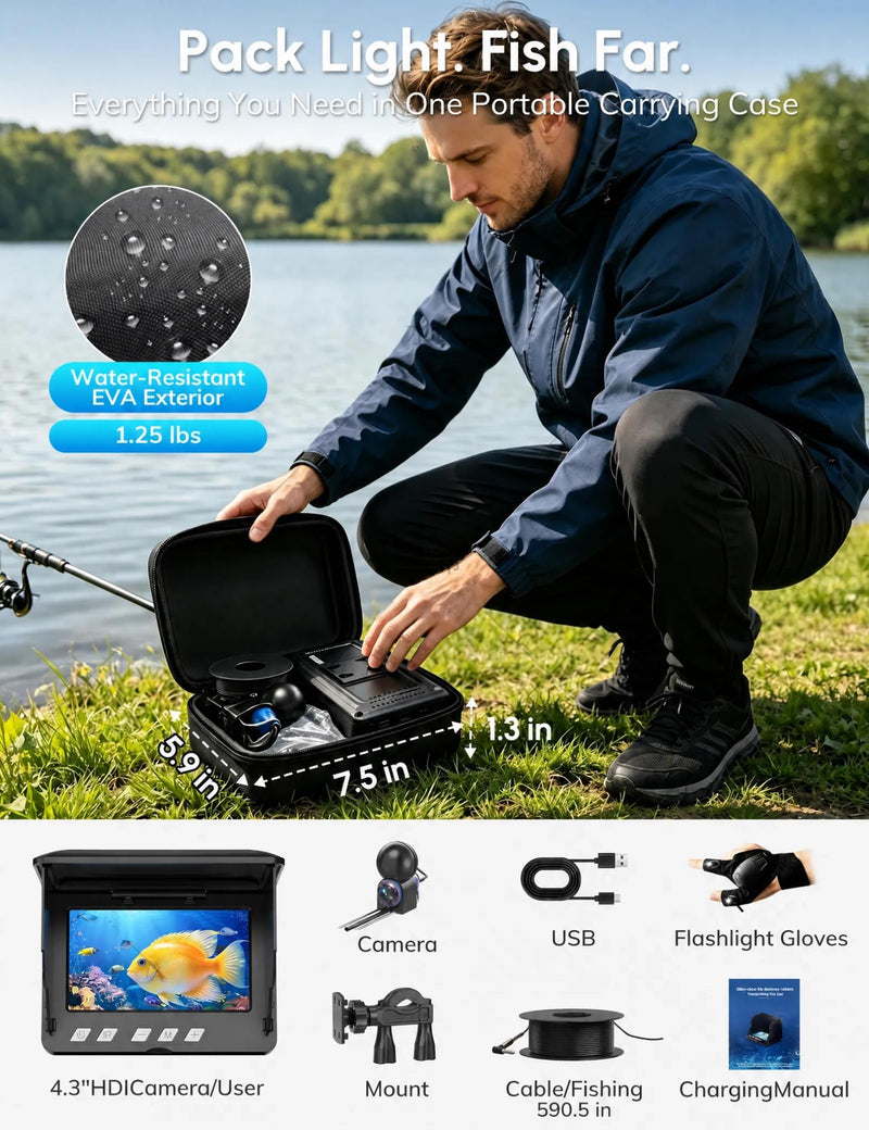 200° Ultra-Wide 1080P HD Underwater Fishing Camera with LED Flashlight Glove, IR Night Vision, 50FT Cable for Ice Lake Boat Kayak Fishing