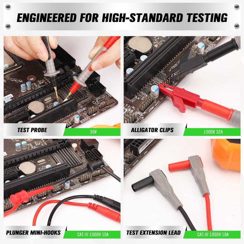 SWANLAKE 27-Piece Multimeter Test Leads Set, CAT.III 1000V / CAT.IV 600V Multimeter Probes with Alligator Clips, Needle Probe, Replaceable Probe Accessories, Soft PVC Volt Meter Lead 27PCS