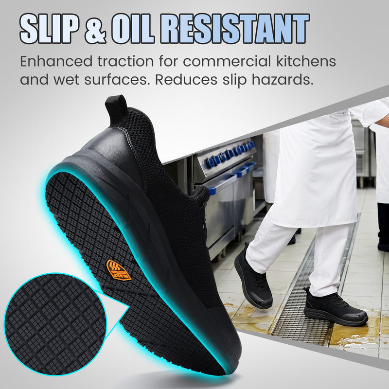 Work Shoes for Men and Women, Non-Slip Oil-Resistant Kitchen Shoes, Hands-Free Slip-On Arch Support Chef Food Service Sneakers, Breathable Lightweight Black Standing All Day Safety Shoes 11.5 Wide Women/9.5 Wide Men