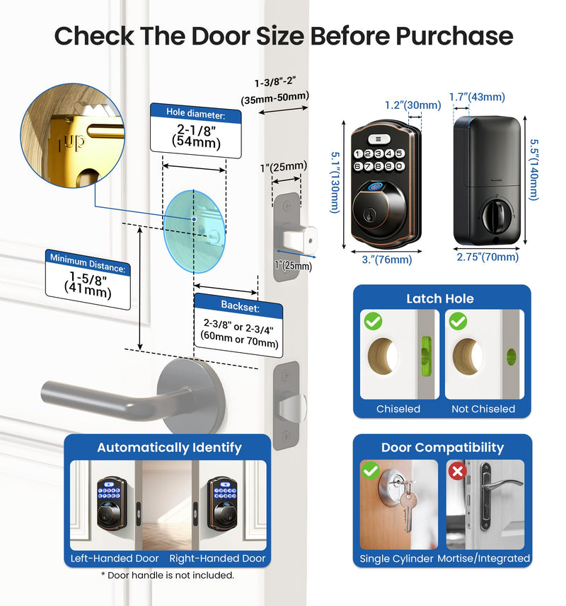 Veise Fingerprint Door Lock, Keyless Entry, Auto Lock, Electronic Keypad Deadbolt for Front Door, Biometric, Anti-Peeking Password, Easy Install, Oil Rubbed Bronze Traditional