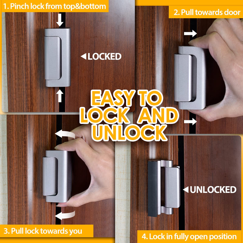 Home Security Door Lock, 2 Pack Childproof Door Reinforcement Lock with 3 Inch Stop Withstand 800 lbs for Top Front Inward Swinging Door, Upgrade Flip High Night Lock to Defend Your Home Kids Silver