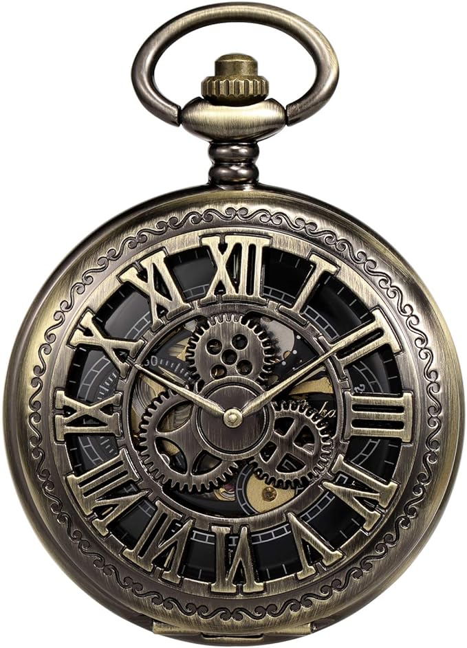 TREEWETO Skeleton Manual Winding Mechanical Double Case Roman Numerals Antique with Fob Chain Box Bronze - NewNest Australia