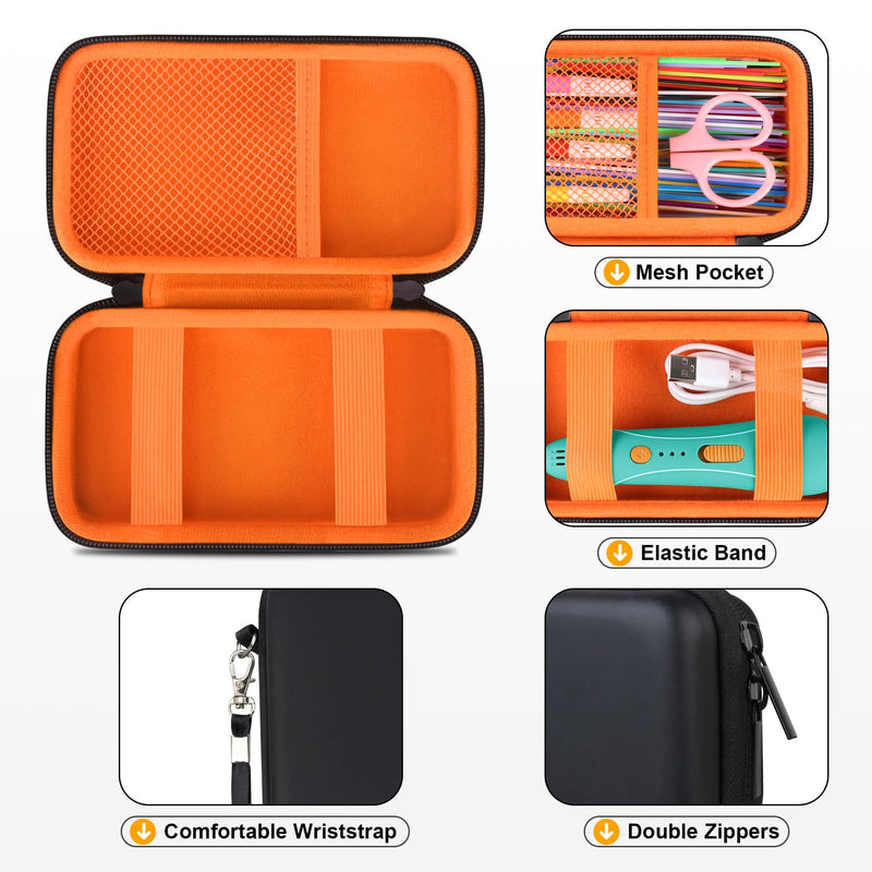 Case for 3Doodler Start+ Essentials for 3D Pen Set for Kids, 3D Pens Storage Organizer Holder, Travel Hard 3Doodler Start Case, Extra Mesh Pocket Fits Plastic Filaments, Cable, Black+Orange