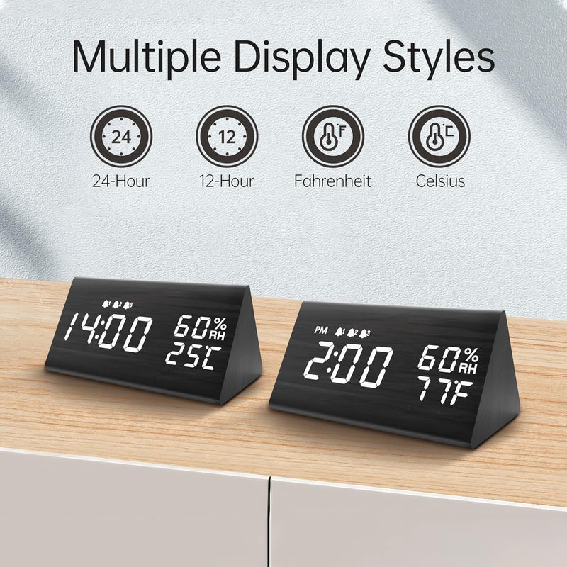 Digital Alarm Clock, with Wooden Electronic LED Time Display, 3 Alarm Settings, Humidity & Temperature Detect, Wood Made Electric Clocks for Bedroom, Bedside (Black) Black