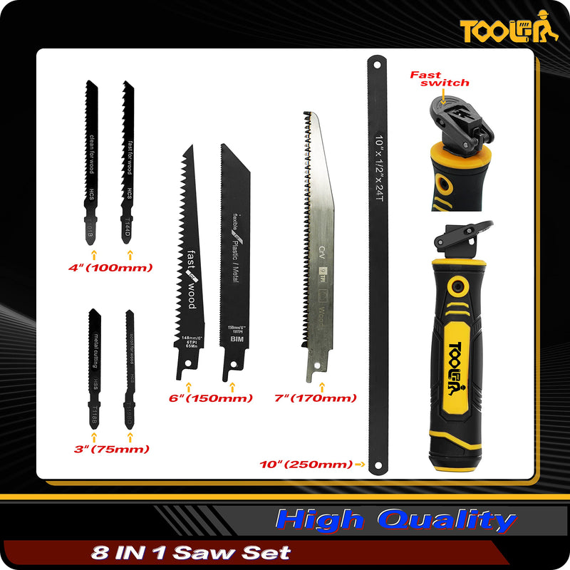 8-In-1 Multi Blades Hand Saw, Drywall Cutter Saw. Hacksaw. Long Blade Hand Saw, Jab Saw, For Cutting Drywall, Sheetrock, Wood, Metel, Plastic, Plywood. Blade Quick Change Mechanism.