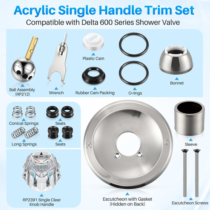 Shower Handle Renovation Repair Trim Kit Compatible with Delta RP54870, Single Function Tub Trim Kit Compatible with Delta 600 Series Shower Valve, Acrylic Handle (Brushed Nickel) Brushed Nickel