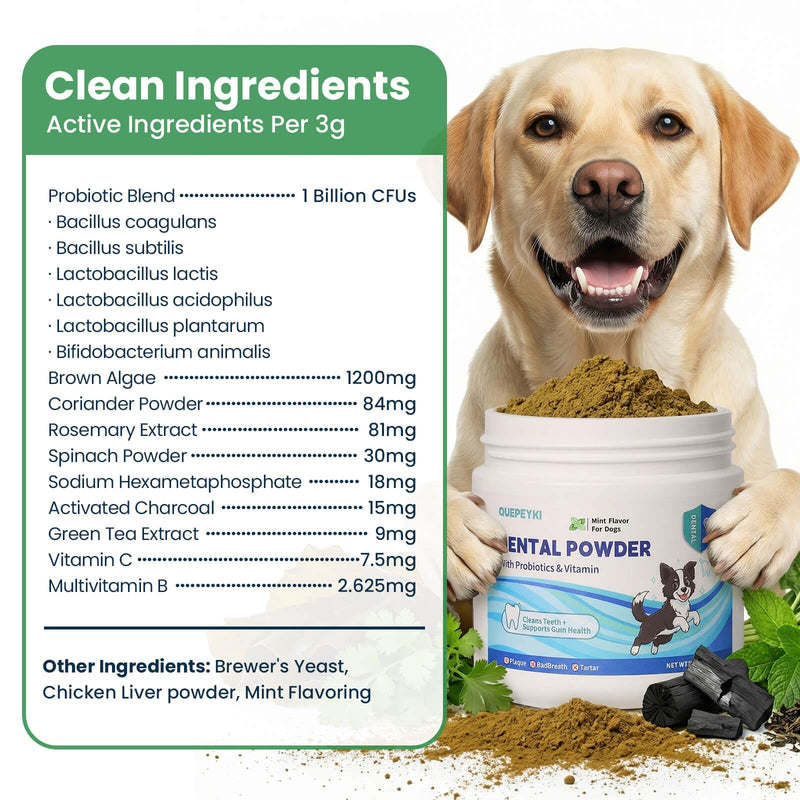 Dog Dental Powder & Breath Freshener for Daily Oral Care, Easy Sprinkle Food Topper with 1B CFU Probiotics, 1200mg Kelp, SHMP, Plaque & Tartar Support, Chicken Liver Flavor, 150g