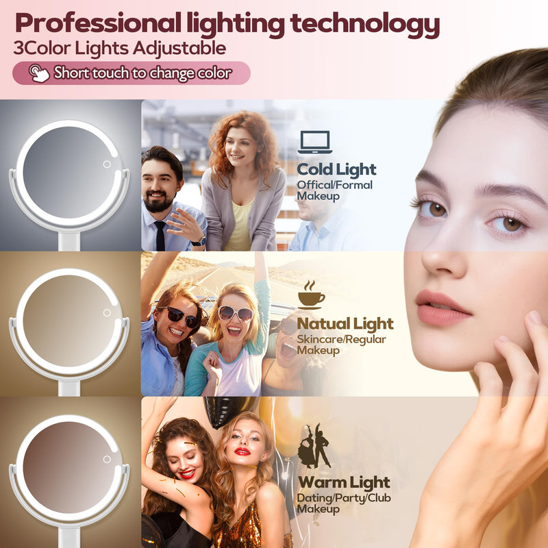Makeup Mirror with Lights, 30X Magnifying & Height Adjustable, Lighted Magnifying Mirror with 3 Light Modes and Stepless Dimming, Vanity Mirrors for Bathroom, Birthday Gift for Women, White Withe