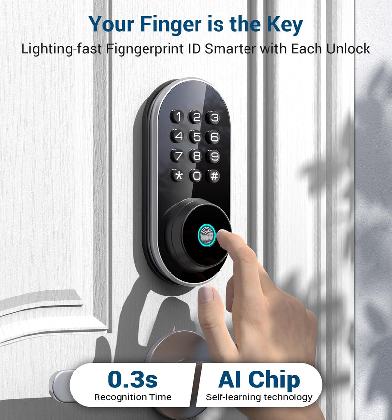 TEEHO TE342 Fingerprint Smart Keyless Entry Door Lock with Keypad, Bluetooth App Remote Control - Electronic Deadbolt for Front Door - Auto Lock - Silver