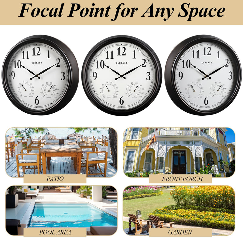 CLXEAST Indoor Outdoor Clocks Waterproof 16 Inch, Large Outdoor Clock with Temperature and Humidity for Patio,Porch,Pool,Oil Rubbed Bronze Black Finish,House Warming Gifts New Home Oil Rubbed Bronze Black