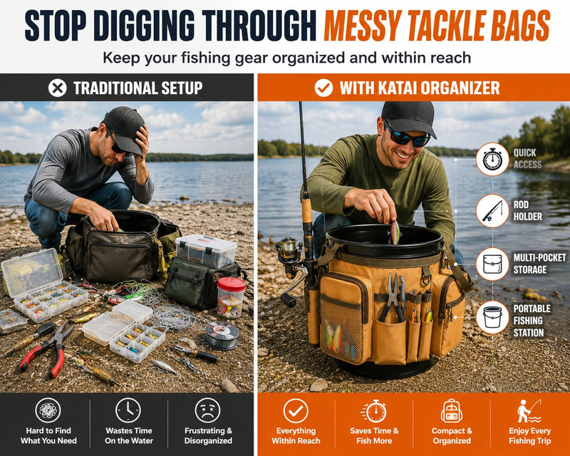 Katai Fishing Bucket Organizer for 5-Gallon Bucket – Heavy-Duty Water-Resistant Tackle Bag with Rod & Pliers Holders – Adjustable Straps & Multi-Pocket Design