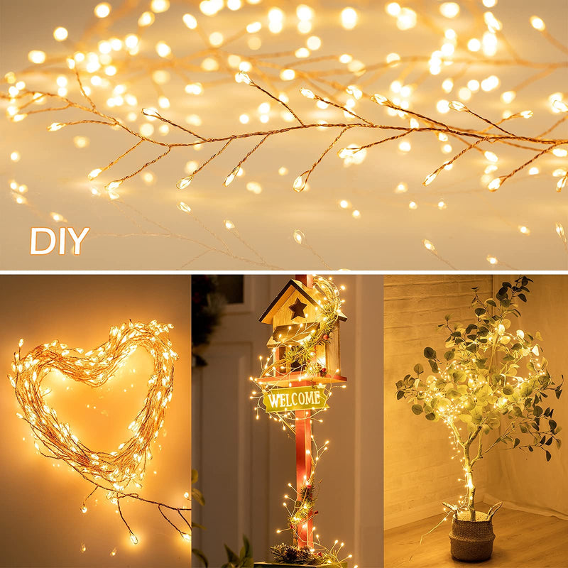 Minetom Fairy Lights Plug in, 10Feet 200 Led Cluster Lights Waterproof Firecracker Starry String Lights for Ceiling Bedroom Wreath Window Wedding Christmas Tree Decoration, Warm White (No Remote) 200LEDs