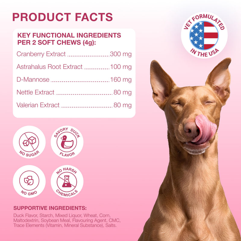 Dog UTI Support Chews with Cranberry & D-Mannose – Cranberry Supplement for Dogs, Urinary Tract & Bladder Support for Dogs, Dog Bladder Control, Kidney Health, Soft Duck Chews, 120 Bites
