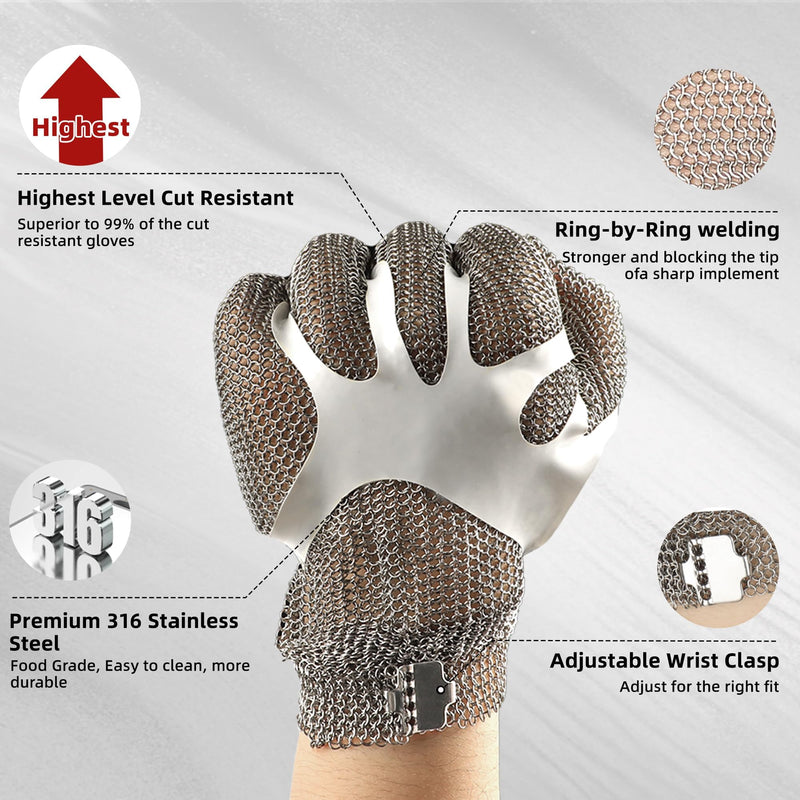 Schwer ProGuard-X A9 Cut Resistant Stainless Steel Metal Mesh Chainmail Glove PM5201 Butcher Glove for Meat Cutting Food Processing Knife Sharpening Oyster Shucking Kitchen Fish Fillet, M Medium 1 Pack