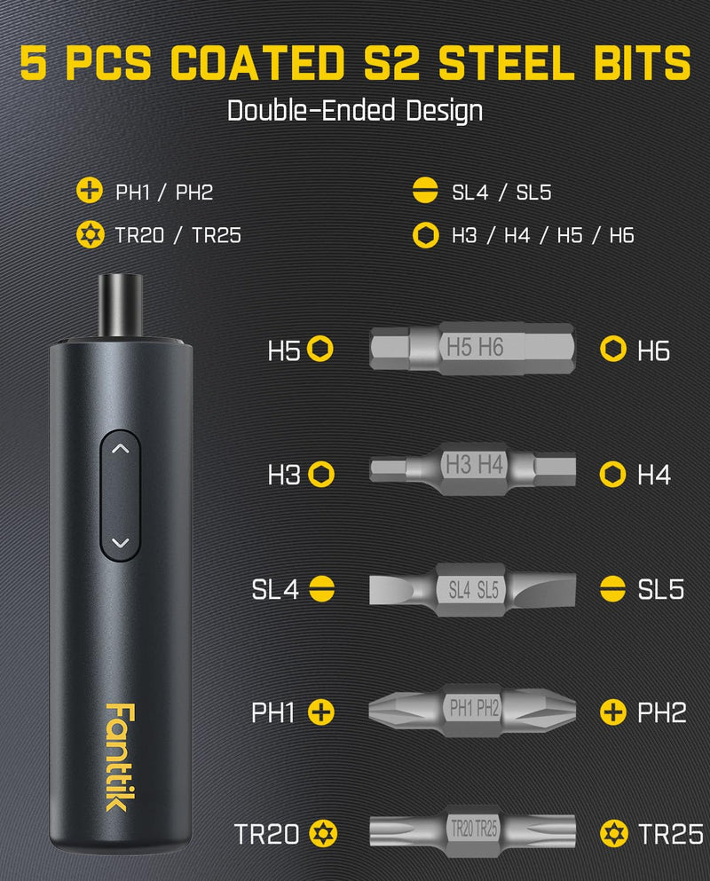 Fanttik S1 Capsule 3.7V Cordless Screwdriver, Electric Screwdriver, Max 5 N.m, 320 RPM Motor, 5 Pcs Double-Ended Bits, Compact Design, LED Light, 1/4''Hex, Idea Tool for Furniture, Appliances-Grey Grey