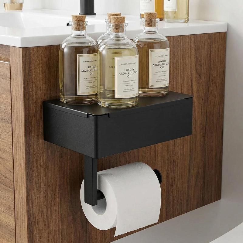 Black Toilet Paper Holder with Storage, Wall Mount Bathroom Tissue & Wipes Holder with Shelf, 2 Installation Methods (No-Drill/Drill), Includes Installation Instructions
