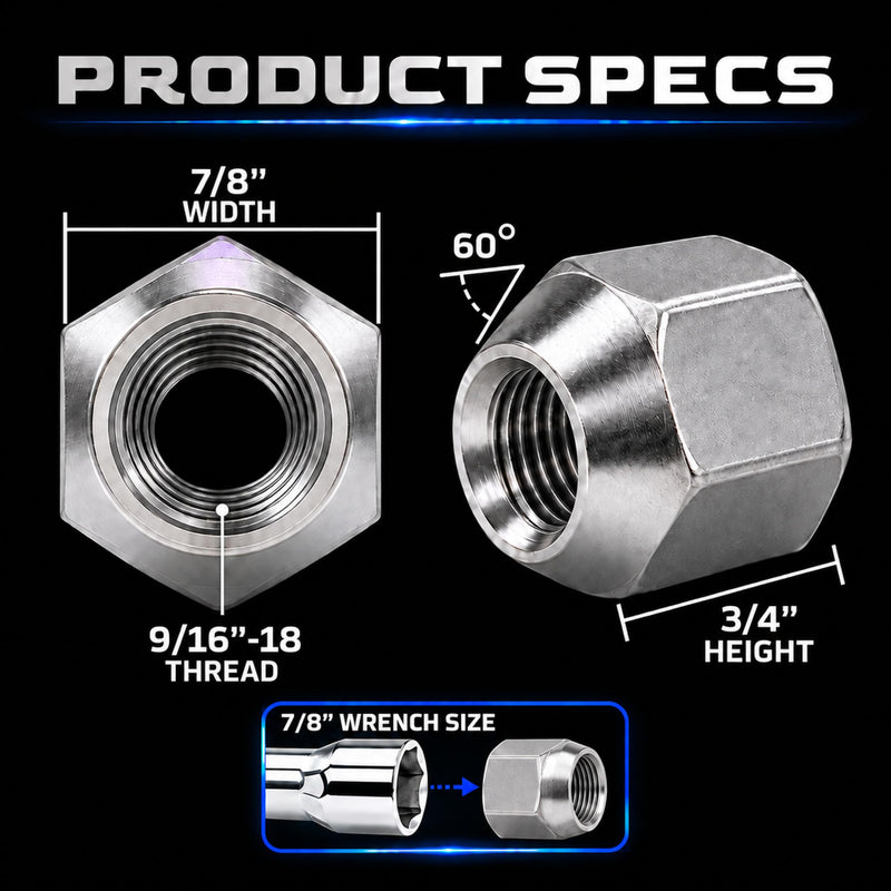 MIGHTY FASTENERS 304 Stainless Steel Open Cone Wheel Nuts, 9/16"-18 Thread, Ideal for Trailers and RVs, Corrosion Resistant, 20-Pack