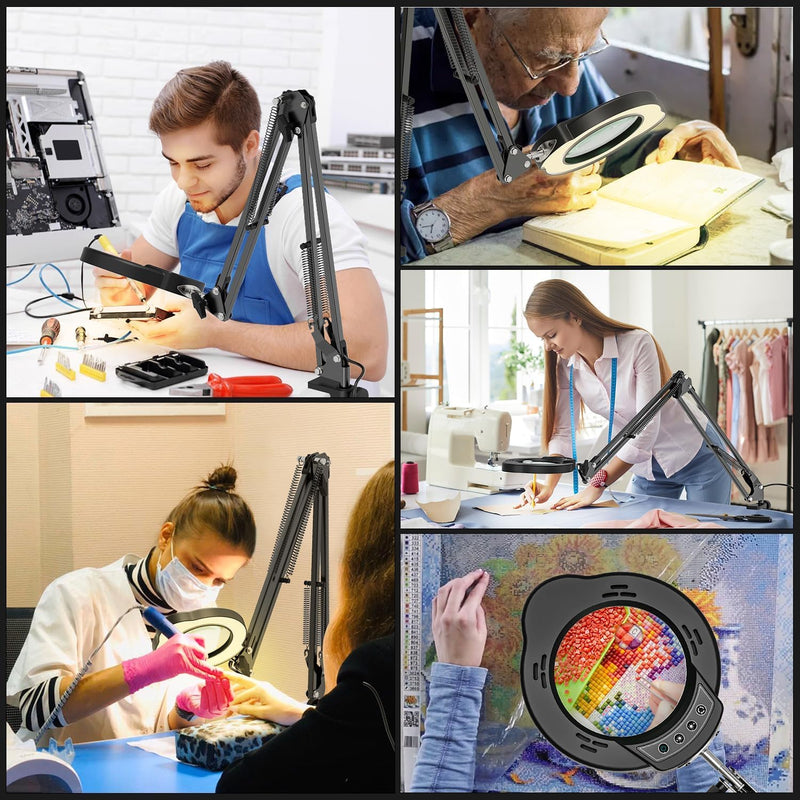 Magnifying Glass with Light and Clamp, 15X 10X Desk Magnifying Lamp, 84 LED Real Glass Lens Magnifier, 5 Color Modes Stepless Dimmable, Adjustable Hands Free Table Lamp for Repair Crafts Hobby Sewing - NewNest Australia