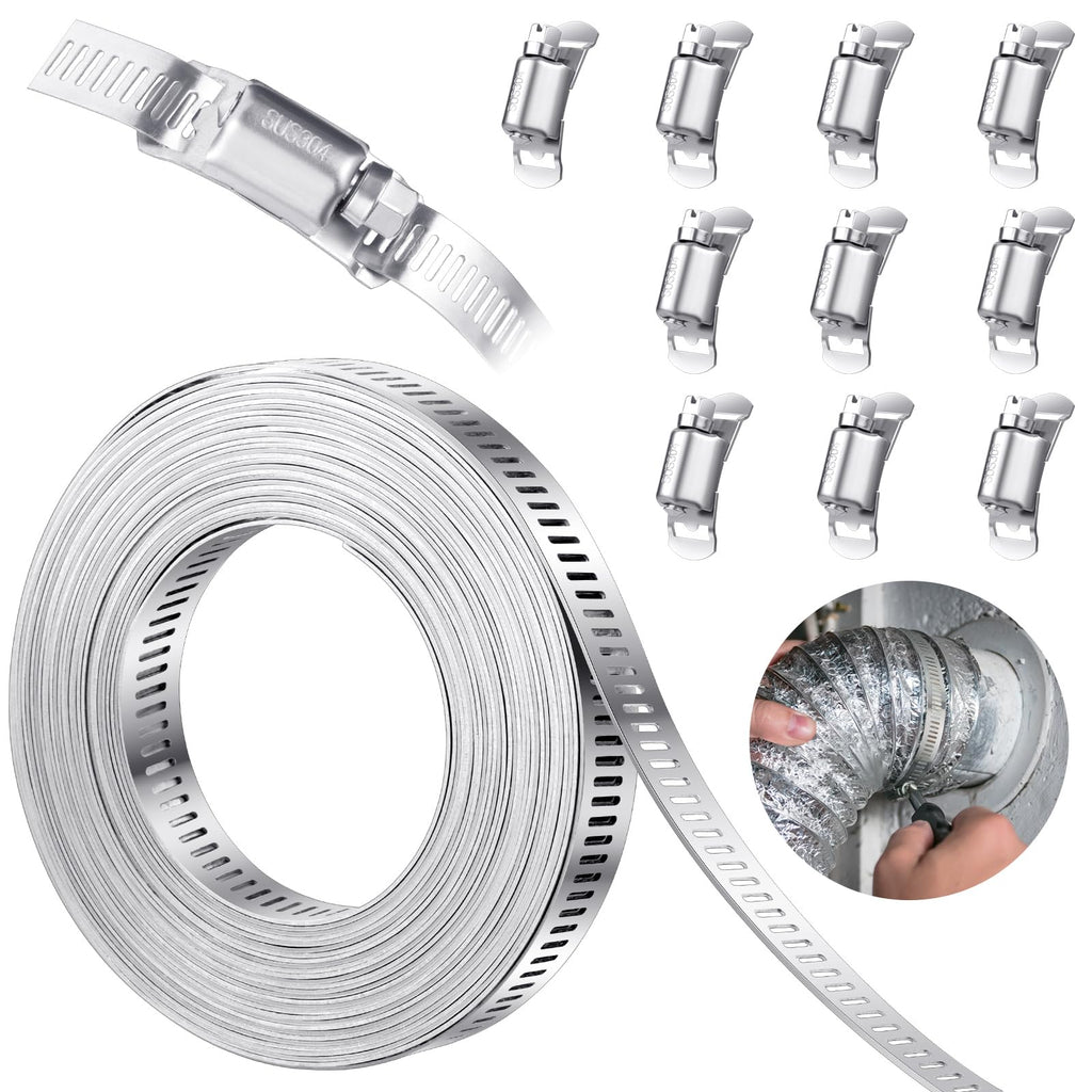 14 FT Large Hose Clamps +10 Stronger Fasteners Adjustable Worm Gear Band Clamps 304 Stainless Steel Pipe Clamps for Securing Pipe Hoses, Automotive, Fuel Line 14 FT Strap + 10 Fasteners