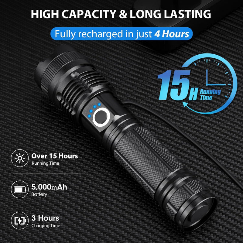 3 Pack Rechargeable Flashlight High Lumens, 99,000 Lumens Super Bright LED Flashlights with Adjustable Focus, 5 Modes, IPX7 Waterproof Powerful Flashlight for Camping, Hiking, Home