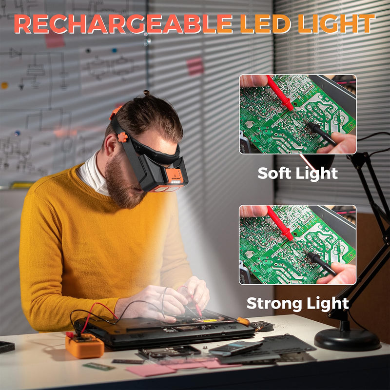 Headband Magnifier with Light, Rechargeable Magnifying Glasses for Close Work, 1.5X - 3.5X Magnify Headset with 4 Lenses, Jewelers Magnifying Glass Loupe Visor for Repair,Crafts, Hobby Orange