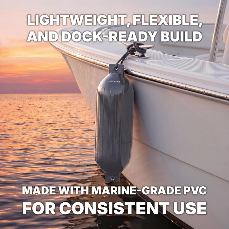 Rockville Boat Fender Package 4.5in x 16in Marine Bumpers with Dock Lines & Pump for Docking and Boat Protection Grey 2-Pack
