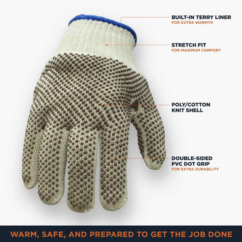 RefrigiWear Dual-Layer Heavyweight Cotton Knit Double Sided PVC Dot Grip Work Gloves - Pack of 12 Pairs Natural X-Large