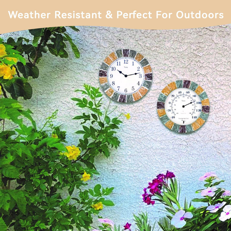 Lily's Home Indoor or Outdoor Large Hanging Wall Clock and Thermometer Set. Made of Durable Polyresin Plastic. 10" Inch Diameter. (Stone)