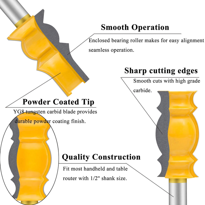 TAIWAIN 3PCS Router Bit Set 1/2 Inch Shank Woodworking Cutter, Router Bits Wood Bearing Milling Door Cabinet Shelf Drawer Cutter Router Bits Sets, Round Edge Cutting Ball Blade Radius (KP1-B) KP1-B